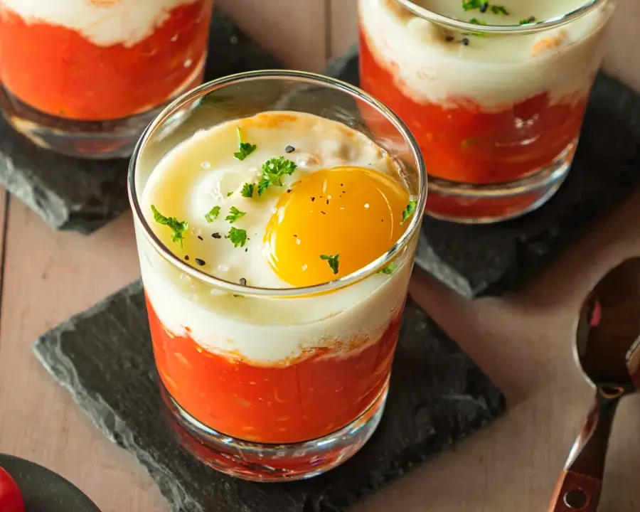 Ei im Glas im Shakshuka-Stil Ei im Glas im Shakshuka-Stil: Drei Gläser mit einer Schichtung aus Tomatenzubereitung und gestocktem Ei darüber.