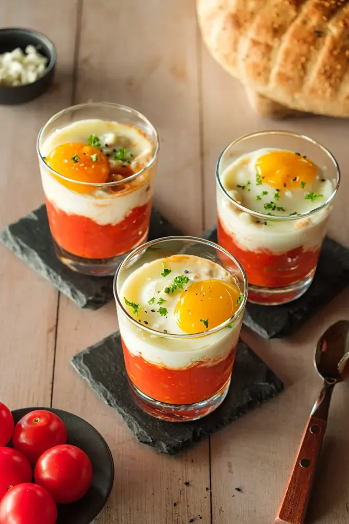 Ei im Glas im Shakshuka-Stil Ei im Glas im Shakshuka-Stil: Drei Gläser mit einer Schichtung aus Tomatenzubereitung und gestocktem Ei darüber.