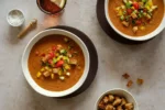 Gazpacho mit Gemüse und Brot-Topping